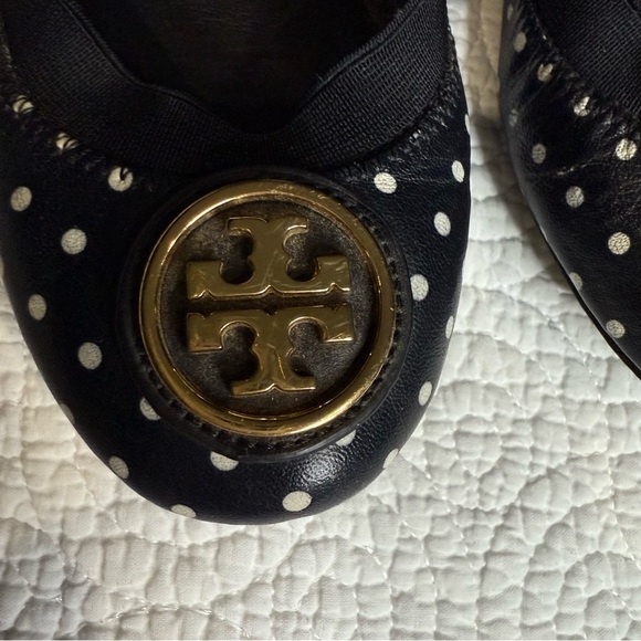 Tory Burch Black Flats with Gold Logo and White Dots - Picture 2 of 8